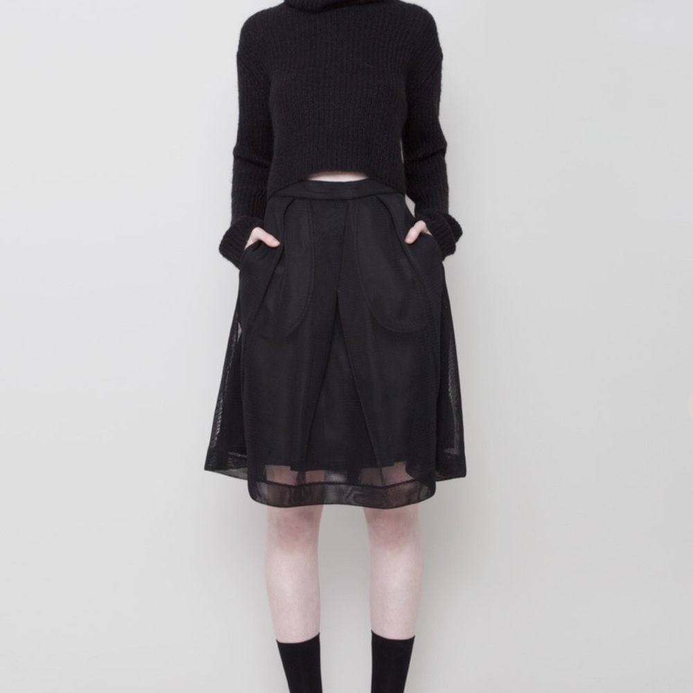 Black A-Line Midi Skirt with Mesh Trim